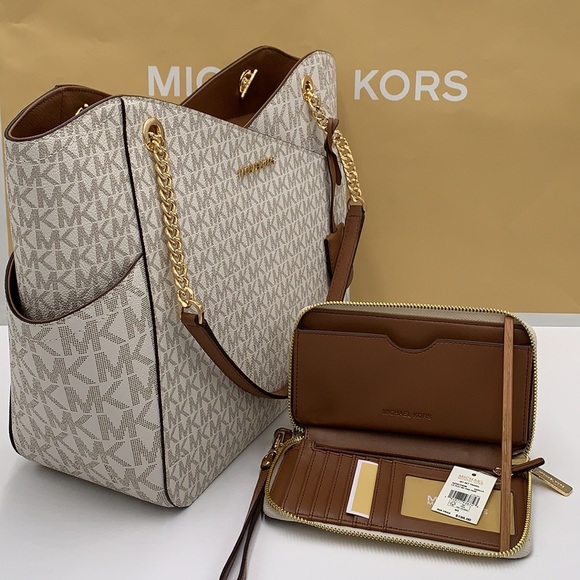 MICHAEL KORS LARGE X CHAIN SHOULDER TOTE & LG FLAT MULTIFUNCTIONAL PHONE CASE - Picture 1 of 16